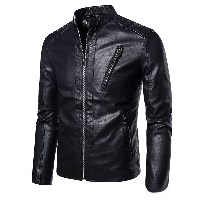 Veste en cuir homme slim – Col montant – Printemps et automne