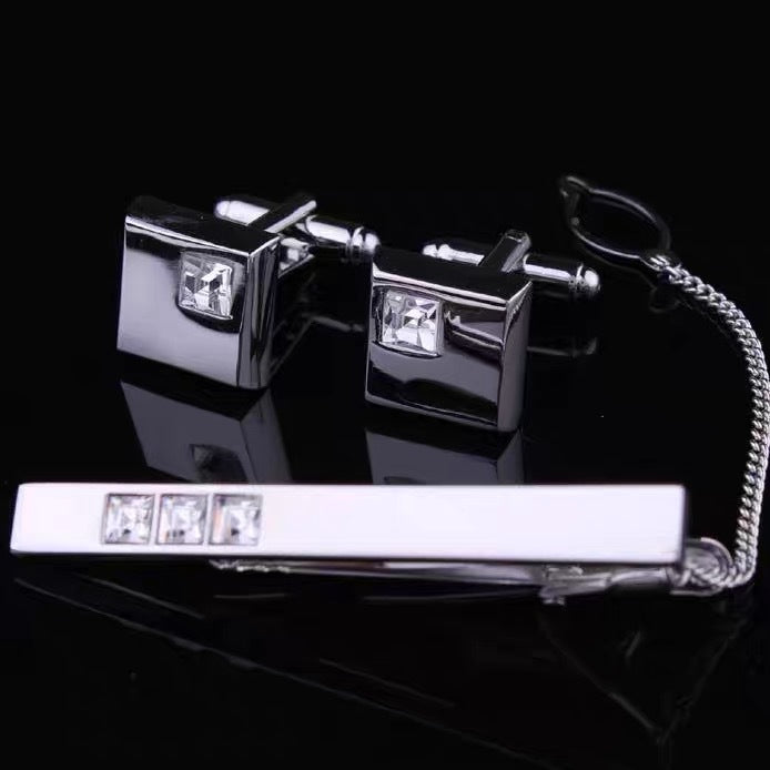 Ensemble de boutons de manchette, épingle à cravate et boutons de chemise en argent avec strass – Élégance et raffinement