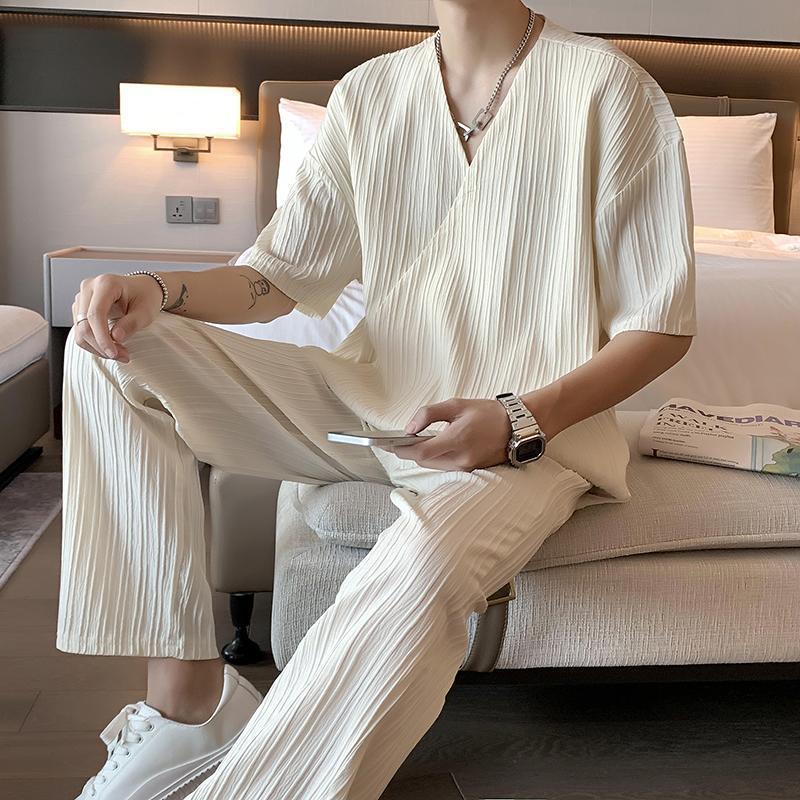 Ensemble homme col design – Chemise manches courtes et pantalon style britannique