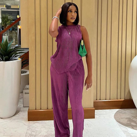 Ensemble chic deux pièces – Top sans manches et pantalon large assorti