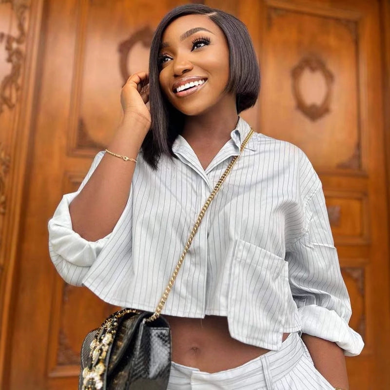 Ensemble grande taille – Chemise à rayures col tailleur et pantalon coordonné