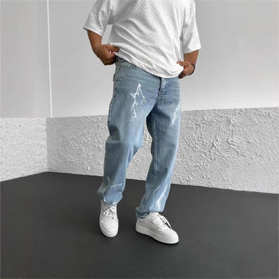 Pantalon Homme Large en Denim – Coupe Droite, Style Décontracté et Imprimé