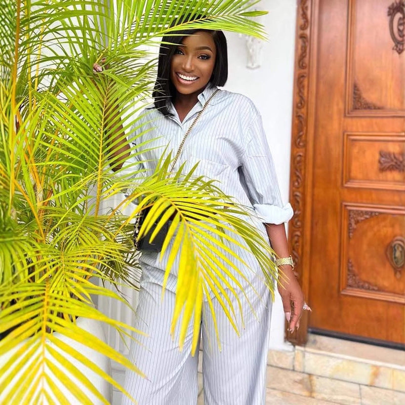 Ensemble grande taille – Chemise à rayures col tailleur et pantalon coordonné