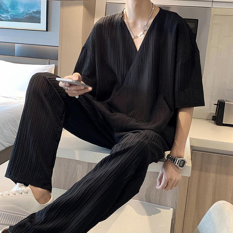 Ensemble homme col design – Chemise manches courtes et pantalon style britannique