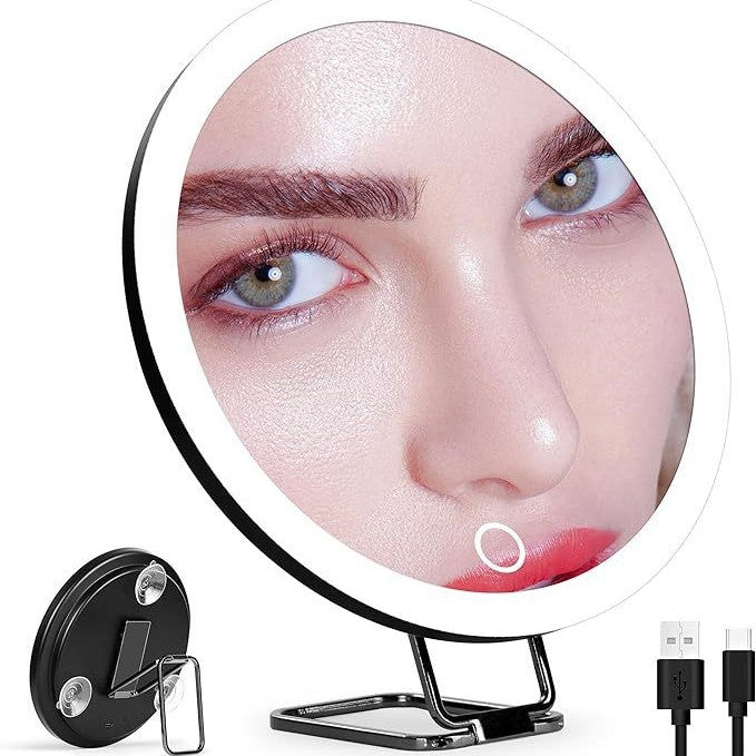 Miroir de maquillage rotatif avec LED – Rechargeable, support ajustable