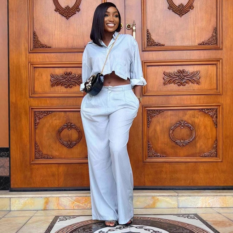 Ensemble grande taille – Chemise à rayures col tailleur et pantalon coordonné