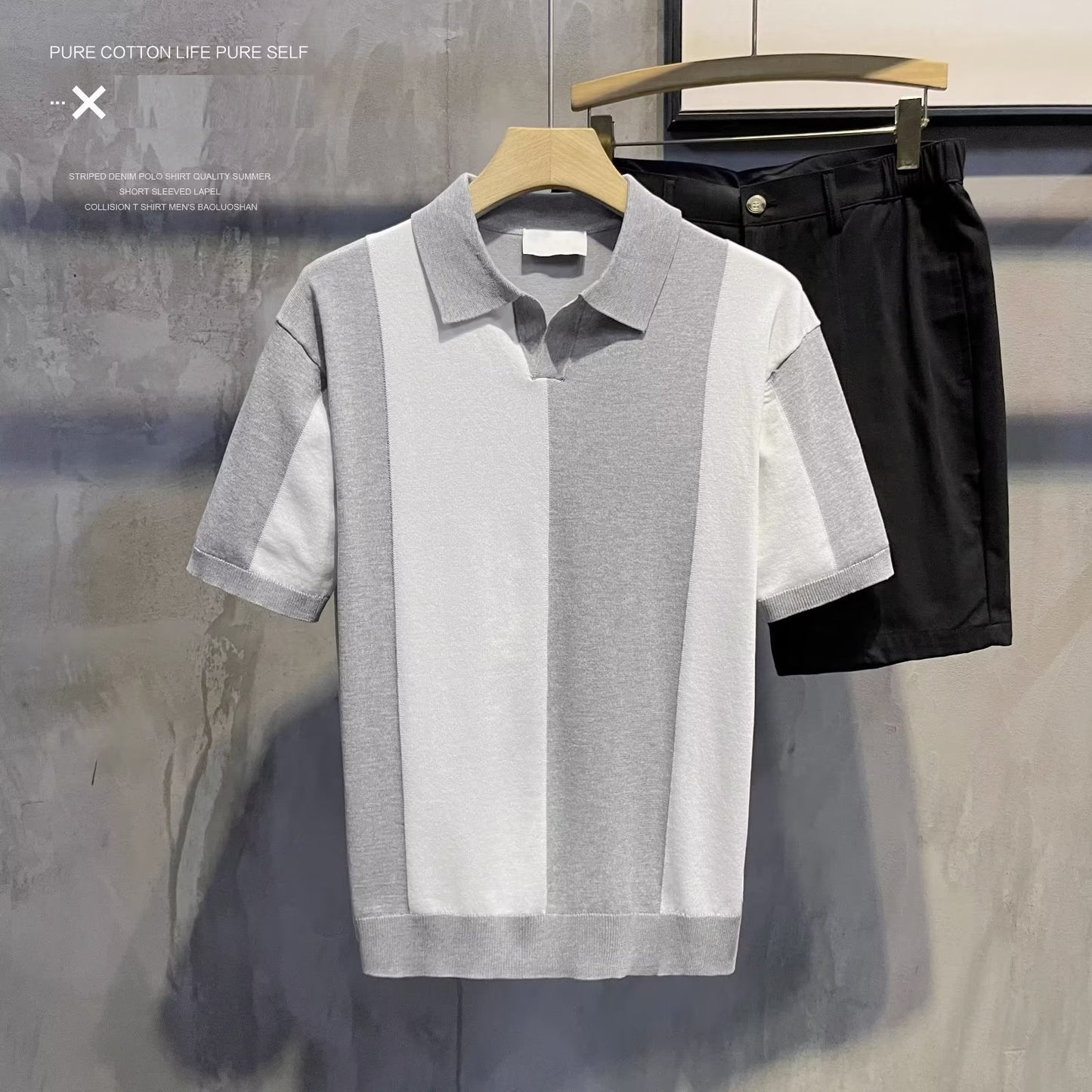 T-shirt homme rayé tricoté – Manches courtes – Style luxe décontracté bicolore