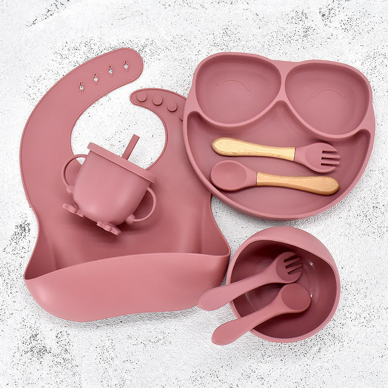 Set de vaisselle pour bébé 11 pièces – Vaisselle en silicone avec assiette ventouse, bol, bavoir, cuillère et fourchette