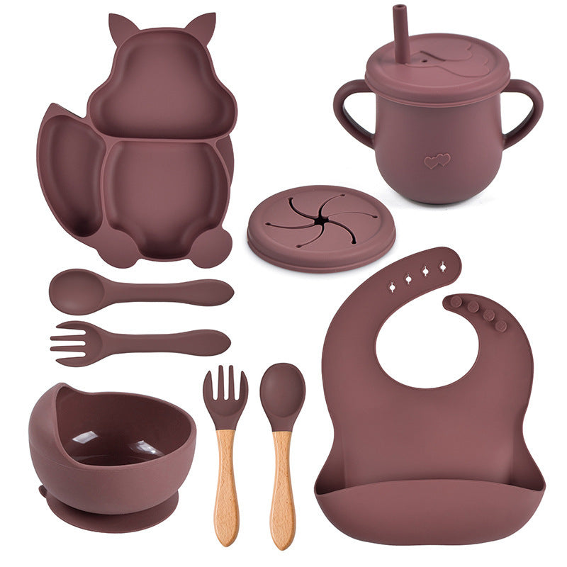 Set de vaisselle pour bébé 8 pièces avec motif écureuil – Vaisselle en silicone avec assiette ventouse, bol, bavoir, cuillère et fourchette