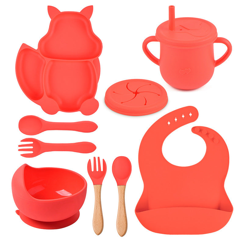 Set de vaisselle pour bébé 8 pièces avec motif écureuil – Vaisselle en silicone avec assiette ventouse, bol, bavoir, cuillère et fourchette