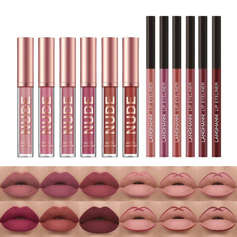 Set de maquillage lèvres – 12 pièces : 6 rouges à lèvres mats longue tenue + 6 crayons à lèvres assortis