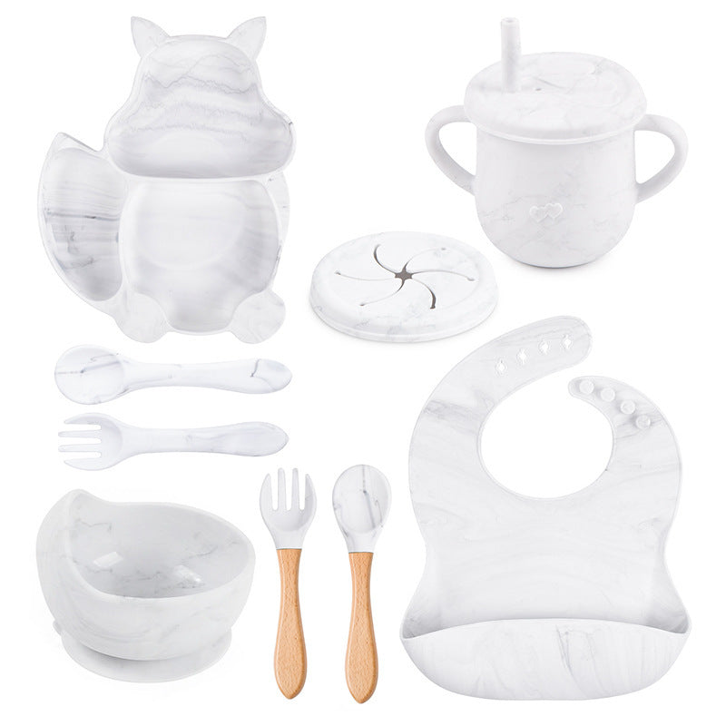 Set de vaisselle pour bébé 8 pièces avec motif écureuil – Vaisselle en silicone avec assiette ventouse, bol, bavoir, cuillère et fourchette